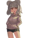  1girl absurdres alternate_costume animal_ears bangs bike_shorts black_shorts blush breasts brown_eyes clip_studio_paint_(medium) commentary_request contrapposto cowboy_shot grey_hair grey_hoodie hands_in_pocket highres hood hood_down hoodie lenserd looking_at_viewer medium_breasts mouse_ears mouse_girl nazrin open_mouth shorts simple_background solo touhou white_background 