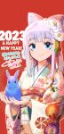  1girl 2023 absurdres animal blue_eyes bow bracelet chinese_zodiac flower hair_bow hair_flower hair_ornament happy_new_year highres holding holding_animal japanese_clothes jewelry kenja_no_deshi_wo_nanoru_kenja kimono looking_at_viewer mira_(kendeshi) rabbit signature smile suemitsu_dicca translation_request year_of_the_rabbit 