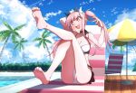  1girl absurdres akitokage bangs bare_shoulders barefoot beach_chair beach_umbrella bikini blush breasts cleavage collarbone fate/grand_order fate_(series) feet highres legs long_hair looking_at_viewer medb_(fate) medb_(swimsuit_saber)_(fate) medb_(swimsuit_saber)_(second_ascension)_(fate) medium_breasts open_mouth outdoors palm_tree pink_hair pool sidelocks sitting smile solo swimsuit tiara tree twintails umbrella white_bikini yellow_eyes 