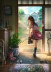  1girl bicycle_pump black_hair boots day doorway highres loafers long_hair looking_back original plant potted_plant revision rubber_boots rug scenery school_uniform serafuku shoes shoes_removed slippers solo sugi87 umbrella 