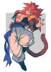  1boy abs absurdres artist_name baggy_pants biceps black_footwear black_nails black_vest black_wristband blue_eyes blue_sash body_fur boots collarbone dragon_ball dragon_ball_gt fingernails full_body gogeta grey_background grin hand_on_hip hand_up highres long_hair looking_at_viewer male_focus metamoran_vest monkey_tail muscular muscular_male open_clothes open_vest pants pectorals red_fur red_hair relio_db318 sash simple_background smile solo spiked_hair super_saiyan super_saiyan_4 tail teeth twitter_username two-tone_background v-shaped_eyebrows vest white_background white_pants wristband 