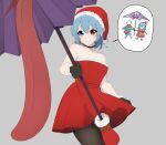  1girl absurdres alternate_costume bangs blue_eyes blue_hair breasts capelet cleavage cowboy_shot dress english_commentary fur_trim grey_background hat heterochromia highres holding holding_umbrella karakasa_obake looking_at_viewer parted_lips red_dress red_eyes red_headwear santa_costume santa_hat short_hair simple_background smile solo speech_bubble standing strapless strapless_dress tatara_kogasa tongue tongue_out touhou umbrella umisaki 