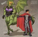  2boys bad_id bad_tumblr_id bara black_hair blonde_hair blush bodysuit bulge cape centauroid colored_skin couple covered_abs covered_navel cris_art dragon_wings full_body green_skin grey_bodysuit hulkling large_pectorals male_focus marvel monsterification multiple_boys muscular muscular_male pectorals red_cape short_hair sideburns standing taur wiccan wings yaoi 