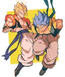  2boys abs absurdres artist_name baggy_pants biceps black_footwear black_vest blonde_hair blue_eyes blue_hair blue_sash boots closed_mouth collarbone dragon_ball dragon_ball_super dragon_ball_z dual_persona full_body gogeta green_eyes halo highres leaning_forward looking_at_viewer male_focus metamoran_vest multiple_boys muscular muscular_male open_clothes open_vest pants parted_lips pectorals relio_db318 sash serious simple_background smile spiked_hair super_saiyan super_saiyan_1 super_saiyan_blue twitter_username two-tone_background v-shaped_eyebrows vest white_background white_pants yellow_background 