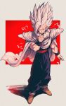  1boy absurdres armor artist_name biceps black_wristband boots brown_footwear cape dougi dragon_ball dragon_ball_super dragon_ball_super_super_hero full_body gohan_beast grin hand_up highres looking_away male_focus muscular muscular_male red_background red_eyes red_sash relio_db318 sash shadow shoulder_armor simple_background smile solo son_gohan spiked_hair standing teeth twitter_username two-tone_background v-shaped_eyebrows veins white_background white_cape white_hair wristband 
