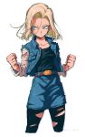  1girl absurdres android_18 artist_name bangs belt belt_buckle black_pantyhose black_shirt blonde_hair blue_eyes blue_jacket blue_skirt brown_belt buckle buttons clenched_hands closed_mouth collarbone cropped_legs denim denim_jacket denim_skirt dragon_ball dragon_ball_z earrings expressionless eyelashes hair_strand hands_up highres jacket jewelry long_sleeves looking_away pantyhose parted_bangs pocket raglan_sleeves relio_db318 shirt shirt_tucked_in short_hair simple_background single_earring skirt sleeveless sleeveless_jacket solo standing striped_sleeves torn_clothes torn_pantyhose tsurime twitter_username white_background white_sleeves 