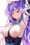  1girl absurdres armpits asymmetrical_arms bandaged_arm bandages bangs belt between_breasts blue_eyes breasts clothes_between_breasts detached_collar dragon_girl head_wings heterochromia highres large_breasts long_hair looking_at_viewer naokomama nijisanji nijisanji_en nipples purple_eyes purple_hair selen_tatsuki sleeveless smile solo sweat upper_body virtual_youtuber 