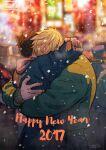  2017 2boys bad_id bad_tumblr_id bara black_hair blonde_hair couple covered_face cowboy_shot cris_art earrings english_text from_side happy_new_year hug hulkling jewelry male_focus marvel multiple_boys short_hair snowing wiccan yaoi 