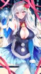  1girl absurdres bangs bell blue_dress blue_pantyhose blurry blurry_background blush breasts cleavage crown dress elbow_gloves flower fluffy gloves hair_flower hair_ornament highres jingle_bell large_breasts long_hair meryl_(tower_of_fantasy) nenobi_(nenorium) pantyhose purple_eyes red_ribbon ribbon smile snowflakes solo tower_of_fantasy 