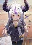  1girl @_@ ahoge ao_ne black_nails black_pantyhose black_skirt black_sweater blush braid classroom closed_mouth collared_shirt crying demon_girl demon_horns demon_tail grey_hair hololive horns index_fingers_together la+_darknesss long_braid long_hair long_sleeves looking_at_viewer multicolored_hair necktie pantyhose purple_hair school_uniform shirt skirt sleeves_past_wrists streaked_hair streaming_tears striped_horns sweater tail tears test_score_(paper) virtual_youtuber wavy_mouth white_shirt wrist_cuffs yellow_eyes yellow_necktie 