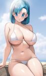  1girl :o absurdres bare_shoulders bikini blue_eyes blue_hair blue_sky breasts bulma cloud collarbone commentary_request dragon_ball highres jasony large_breasts looking_at_viewer open_mouth short_hair sitting sky solo swimsuit thighs white_bikini 