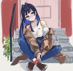  1girl black_hair blue_eyes blue_hair blue_nails boros_(ouro_kronii) brown_coat coat crossed_legs denim detached_sleeves ear_piercing glasses highres hololive hololive_english jeans kisuu_(oddnumberr_) long_hair multicolored_hair ouro_kronii pants piercing sitting smile two-tone_hair virtual_youtuber 