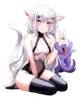  1girl :3 absurdres alheitrakzoth animal_ears between_legs black_thighhighs breasts cat_ears cat_girl cat_tail creature daemo72 full_body hand_between_legs highres long_hair low_twintails medium_breasts one-piece_swimsuit purple_eyes see-through_swimsuit shyrei_faolan simple_background sitting smile swimsuit tail thighhighs twintails v very_long_hair virtual_youtuber vyugen white_background white_hair 