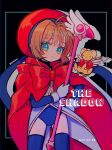  1girl bangs beret blue_leotard bow brown_hair cape cardcaptor_sakura fuuin_no_tsue gloves green_eyes hat highres holding holding_wand kero kinomoto_sakura leotard looking_at_viewer magical_girl mameeekueya red_cape red_headwear short_hair smile thighhighs wand weapon white_gloves white_wings wings 