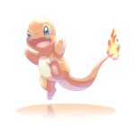  blue_eyes charmander commentary_request fangs fire flame flame-tipped_tail full_body leg_up no_humans open_mouth pokemon pokemon_(creature) reflection s_(happycolor_329) solo tongue white_background 