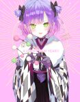  1girl absurdres bibi_(tokoyami_towa) blush choker fangs fishnet_gloves fishnets fur_trim gloves hair_ribbon hakama hakama_skirt highres hololive japanese_clothes kimono kintotomaturi lace lace_choker long_sleeves looking_at_viewer nousagi_(usada_pekora) purple_hair ribbon skirt ssrb_(shishiro_botan) tokoyami_towa two_side_up virtual_youtuber yellow_eyes 