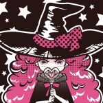  1girl black_robe bow covering_mouth earrings eyelashes hat hat_bow holding holding_wand jewelry long_hair original pink_hair pink_no_zou robe solo star_(symbol) star_in_eye symbol_in_eye very_long_hair wand witch witch_hat 