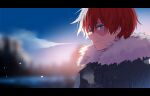  1boy bangs blue_eyes blurry blurry_background boku_no_hero_academia burn_scar closed_mouth coat from_side gugugunogu heterochromia highres jacket multicolored_hair red_hair scar scar_on_face smile solo todoroki_shouto white_hair winter_clothes winter_coat yellow_eyes 