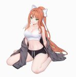  1girl barefoot bow breasts brown_hair camisole closed_mouth commission doki_doki_literature_club dolphin_shorts english_commentary green_eyes grey_jacket hair_bow highres jacket large_breasts long_hair looking_at_viewer midriff monika_(doki_doki_literature_club) navel off_shoulder ponytail shirt shorts simple_background sitting siun smile solo stomach very_long_hair wariza white_background white_bow white_shirt 