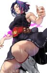  1girl absurdres belt black_dress boku_no_hero_academia boots breasts commentary_request dress feet_out_of_frame highres knee_boots lady_nagant large_breasts looking_at_another looking_away looking_to_the_side midair multicolored_hair muscular muscular_female pink_hair purple_eyes purple_hair rain red_belt short_hair simple_background sleeveless sleeveless_turtleneck solo streaked_hair turtleneck two-tone_hair wet wet_clothes white_background white_footwear yoshio_(55level) 
