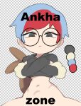  1girl ankha_zone atte_nanakusa black_eyes blue_hair bottomless closed_mouth color_guide cropped_hoodie crossed_arms hood hoodie implied_sex long_sleeves looking_at_viewer multicolored_hair navel penny_(pokemon) pokemon pokemon_(game) pokemon_sv red_hair round_eyewear short_hair solo spread_legs stomach_bulge two-tone_hair 