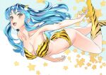  1girl animal_print bikini boots breasts green_hair horns large_breasts legs long_hair looking_at_viewer lum nishieda oni oni_horns open_mouth pointy_ears solo strapless swimsuit thigh_boots tiger_print urusei_yatsura 