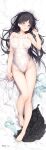  1girl arm_at_side bare_arms bare_legs bare_shoulders bed_sheet black_hair black_one-piece_swimsuit blue_eyes bra bra_removed breasts covered_nipples dakimakura_(medium) feet from_above full_body groin hand_up highleg highleg_swimsuit highres knee_up large_breasts legs long_hair looking_at_viewer lying mizusawa_suzuka nipples on_back on_bed one-piece_swimsuit original panties panties_removed parted_lips see-through senji_(tegone_spike) shirt shirt_removed skirt skirt_removed solo swimsuit toes underwear very_long_hair wet wet_clothes wet_swimsuit white_shirt 