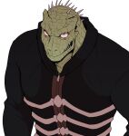  1boy black_jacket caiman_(dorohedoro) dorohedoro furry furry_male hood hood_down jacket looking_at_viewer male_focus muscular muscular_male pectorals sharp_teeth simple_background solo sumiyao_(amam) teeth white_background 