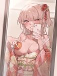  1girl :d absurdres bare_shoulders blonde_hair blush breasts cleavage collarbone covering covering_breasts floral_print flower food fruit grin hair_flower hair_ornament highres indoors japanese_clothes kimono kiyomasa_(dangan) large_breasts long_hair long_sleeves looking_at_viewer mandarin_orange mirror off_shoulder one_breast_out one_side_up orange_eyes original parted_lips pink_kimono print_kimono red_flower reflection selfie smile solo taking_picture wide_sleeves 