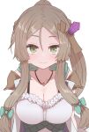  1girl atelier_(series) atelier_lydie_&amp;_suelle breasts brown_hair cleavage closed_mouth firis_mistlud green_eyes highres jewelry large_breasts looking_at_viewer necklace ponytail shirt simple_background smile solo sumiyao_(amam) upper_body white_background white_shirt 