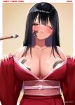  1girl 2023 bangs black_hair blush breasts calligraphy_brush cleavage closed_mouth hands_up happy_new_year ink_on_face japanese_clothes kaisen_chuui kimono large_breasts long_hair long_sleeves one_eye_closed orange_eyes original paintbrush red_kimono sash simple_background upper_body yellow_background 