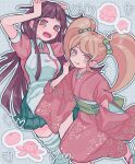  2girls :q apron arms_up bandaged_leg bandages bangs black_skirt blush blush_stickers bow breasts cat_hair_ornament collared_shirt danganronpa_(series) danganronpa_2:_goodbye_despair green_bow hair_bow hair_ornament heart highres japanese_clothes kimono large_breasts long_hair long_sleeves multiple_girls orange_eyes pink_eyes pink_kimono pink_shirt pisapipi pleated_skirt puffy_short_sleeves puffy_sleeves saionji_hiyoko shiny shiny_hair shirt short_sleeves skirt teeth tongue tongue_out tsumiki_mikan twintails upper_teeth_only white_apron 