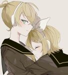  1boy 1girl arms_around_waist black_sailor_collar blonde_hair blush bow brown_cardigan cardigan closed_eyes commentary from_side green_eyes hair_bow hair_ornament hairclip half-closed_eyes head_on_chest headphones headset highres hug kagamine_len kagamine_rin looking_at_viewer maca1227 necktie open_cardigan open_clothes profile sailor_collar sailor_shirt shirt short_ponytail sideways_glance vocaloid white_bow yellow_necktie 