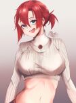 boudica_(fate) breasts buttons ev3n793 fate/grand_order fate_(series) green_eyes highres large_breasts long_sleeves midriff navel red_hair short_ponytail smile sweater 
