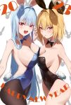  2023 2girls absurdres animal_ears bangs bare_back bare_legs black_bow black_bowtie blonde_hair blue_bow blue_bowtie blue_hair blue_leotard bow bowtie breast_press breasts brown_pantyhose cleavage detached_collar fake_animal_ears fake_tail happy_new_year highres large_breasts leotard long_hair looking_at_viewer multiple_girls nayuyu1105 new_year open_mouth original pantyhose playboy_bunny rabbit_ears rabbit_tail red_eyes short_hair simple_background symmetrical_docking tail teeth upper_teeth_only white_background 