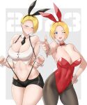 2023 2girls anagumasan animal_ears bare_shoulders blonde_hair blue_mary blush bow bowtie breasts cleavage contrapposto covered_navel covered_nipples cowboy_shot crop_top detached_collar embarrassed fake_animal_ears fatal_fury finger_gun highres king_(snk) large_breasts leotard looking_at_viewer midriff multiple_girls necktie new_year one_eye_closed pantyhose playboy_bunny pointing pointing_at_viewer rabbit_ears red_leotard ryuuko_no_ken shorts snk strap_pull suspender_shorts suspenders the_king_of_fighters wrist_cuffs 
