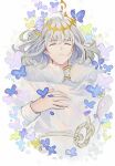  1boy bangs bug butterfly cloak crown diamond_hairband fate/grand_order fate_(series) from_above fur-trimmed_cloak fur_trim gold_trim grey_hair highres lalatia-meai lying male_focus medium_hair no_wings oberon_(fate) on_back puffy_sleeves robe sleeping solo white_robe 