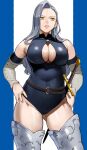  1girl absurdres armored_boots ass_visible_through_thighs bare_shoulders belt blue_hair blue_leotard boots breasts cleavage cleavage_cutout clothing_cutout detached_sleeves hands_on_hips highres jericho_(nanatsu_no_taizai) large_breasts leotard light_blue_hair lips long_hair mokushiroku_no_yonkishi nanatsu_no_taizai parted_lips sheath sheathed simple_background skin_tight solo stray_hair sword thigh_boots weapon yellow_eyes yoshio_(55level) 