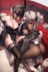  2girls all_fours animal_ears ass bangs bare_legs bare_shoulders bird_mask black_choker black_garter_straps black_gloves black_hair black_kimono black_leotard black_mask black_thighhighs blush bone breasts chinese_zodiac choker cleavage colored_tips couch covered_mouth dark-skinned_female dark_skin elbow_gloves eye_mask fake_animal_ears fake_tail foot_out_of_frame from_above garter_straps genyaky gloves gradient_hair grey_kimono groin hair_between_eyes high_heels high_ponytail highleg highleg_leotard highres japanese_clothes kimono knee_up large_breasts legs leotard long_hair looking_at_viewer looking_back looking_up mask mouth_mask multicolored_hair multiple_girls off_shoulder open_clothes open_kimono original parted_lips playboy_bunny print_kimono rabbit rabbit_ears rabbit_tail red_eyes red_footwear shoe_dangle side-tie_leotard sideboob sidelocks signature sitting tail thighhighs thighs very_long_hair white_hair year_of_the_rabbit 