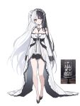  1girl absurdres black_hair bow breasts chungu cleavage closed_mouth dress grey_eyes head_tilt highres long_hair looking_at_viewer multicolored_hair original personification smile solo split-color_hair standing two-tone_hair very_long_hair white_bow white_dress white_hair 