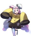  1girl :d bangs bike_shorts character_hair_ornament collarbone green_hair hair_ornament happy highres iono_(pokemon) jacket looking_at_viewer multicolored_hair oni-sanart open_mouth pink_hair pokemon pokemon_(game) pokemon_sv purple_eyes sharp_teeth single_leg_pantyhose sleeves_past_fingers sleeves_past_wrists smile solo star_(symbol) star_print teeth thigh_strap tongue transparent_background twintails two-tone_hair upper_teeth_only yellow_jacket 