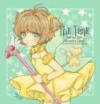  1girl antenna_hair bangs blush bow brown_hair cardcaptor_sakura choker copyright_name dated dress fuuin_no_tsue green_eyes hair_tie highres holding holding_staff holding_wand kero kinomoto_sakura looking_at_viewer magical_girl mameeekueya open_mouth short_hair staff star_(symbol) twitter_username two_side_up wand wings wrist_cuffs 