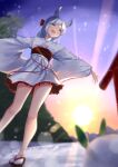 1girl absurdres akinakesu-chan animal_ears bangs blue_eyes blurry blurry_foreground commentary_request depth_of_field frilled_skirt frills grey_hair highres japanese_clothes kimono obi original outdoors outstretched_arm parted_bangs red_footwear sash skirt snow snow_bunny socks solo standing sunrise tabi torii white_kimono white_skirt white_socks wide_sleeves zouri 