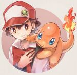  1boy baseball_cap blue_eyes bright_pupils brown_eyes brown_hair charmander closed_mouth commentary_request fangs fangs_out flame-tipped_tail hand_up hat jacket male_focus on_shoulder pokemon pokemon_(creature) pokemon_(game) pokemon_on_shoulder pokemon_rgby red_(pokemon) red_headwear red_jacket s_(happycolor_329) short_hair smile white_pupils 