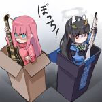  2girls animal_ears bangs black_gloves black_hair blue_archive blue_eyes blue_serafuku blue_skirt bocchi_the_rock! bolt_action box bright_pupils cardboard_box commentary_request crossover cube_hair_ornament electric_guitar fake_animal_ears gibson_les_paul gloves gotou_hitori green_neckerchief guitar gun hair_ornament halo highres holding holding_instrument in_container instrument jacket long_hair looking_at_another miyu_(blue_archive) mosin-nagant multiple_girls neckerchief one_side_up pink_hair pink_jacket pleated_skirt rabbit_ears red_eyes rifle rocktide sailor_collar school_uniform serafuku skirt sweat track_jacket trait_connection trash_can weapon white_pupils white_sailor_collar white_skirt 