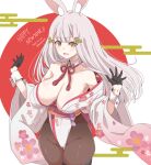  1girl animal_ears bare_shoulders black_gloves breasts brown_pantyhose cleavage collarbone commentary_request copyright_request dated floral_print gloves grey_hair hair_ornament happy_new_year highres japanese_clothes kichihachi kimono large_breasts long_hair looking_at_viewer open_mouth pantyhose rabbit_ears red_background simple_background smile solo twitter_username two-tone_background white_background white_kimono wide_sleeves yellow_eyes 