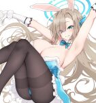  1girl animal_ears arms_up asuna_(blue_archive) asuna_(bunny)_(blue_archive) bangs bare_shoulders blue_archive blue_eyes blue_leotard blue_ribbon blush breasts brown_pantyhose cleavage detached_collar elbow_gloves fake_animal_ears gloves grin hair_over_one_eye hair_ribbon halo highleg highleg_leotard highres large_breasts leotard light_brown_hair long_hair looking_at_viewer minikon mole mole_on_breast official_alternate_costume pantyhose playboy_bunny rabbit_ears ribbon smile solo thighband_pantyhose thighs very_long_hair white_gloves 