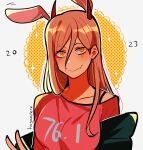  1girl 2023 absurdres animal_ears artist_name blush brown_hair chainsaw_man chinese_zodiac cross-shaped_pupils fake_animal_ears fang hair_between_eyes highres horns huyandere long_hair looking_at_viewer off_shoulder orange_eyes pink_shirt power_(chainsaw_man) rabbit_ears red_horns shirt simple_background smile solo symbol-shaped_pupils v white_background year_of_the_rabbit 