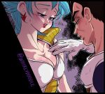  1boy 1girl armor black_hair blue_eyes blue_hair blush breasts bulma cleavage collarbone cosplay covered_nipples dragon_ball dragon_ball_z gloves half-closed_eyes hetero highres large_breasts saiyan_armor shoulder_armor sweatdrop twitter_username vegeta vegeta_(cosplay) whirlydoodle white_gloves 