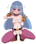  1girl :d ? belt belt_collar bikini black_belt blue_hair blush breasts collar detached_pants double_w eyepatch_bikini full_body gloves highres hypnosis kula_diamond long_hair looking_at_viewer medium_breasts micro_bikini mind_control navel pants pink_pants simple_background smile solo squatting sumiyao_(amam) swimsuit the_king_of_fighters underboob w white_background 